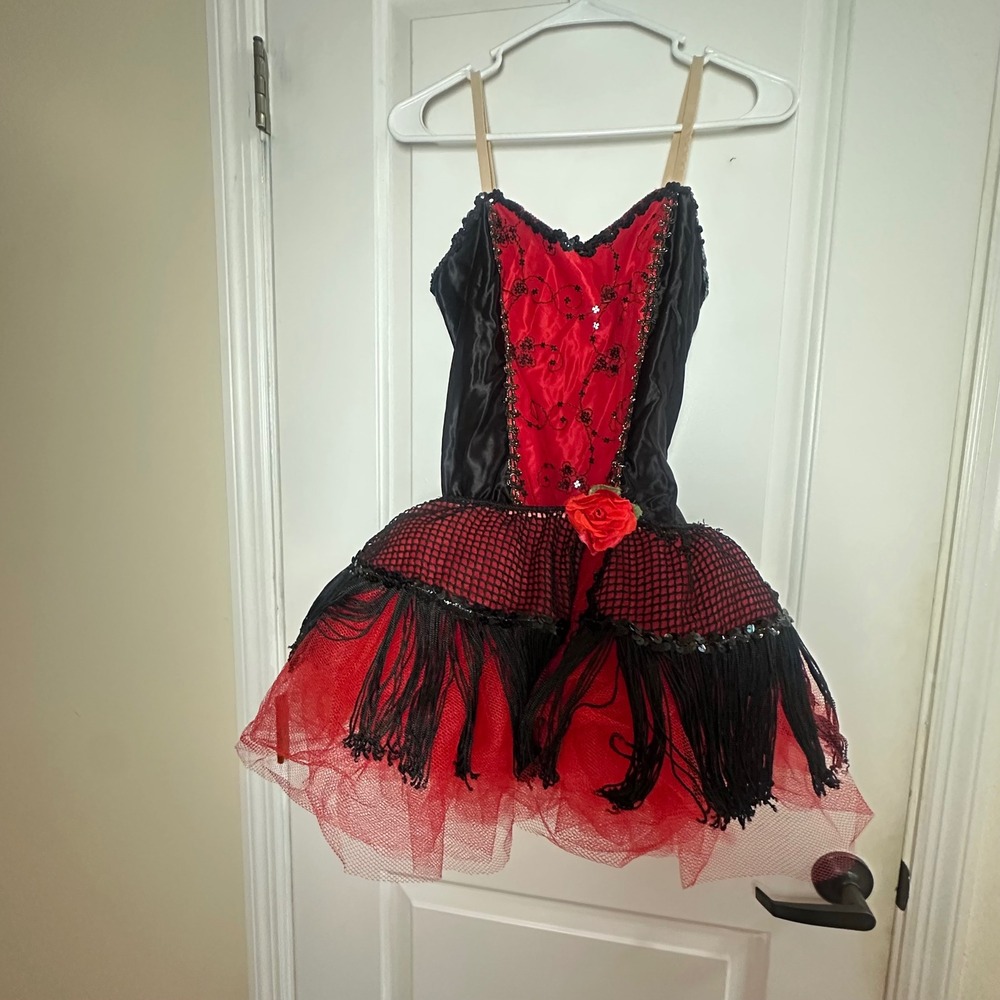 Vintage Red Black Sequin Fringe Dance Costume Tutu Dress USA Made C4620 Size 10A